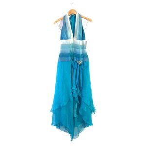 La Femme Blue & White Stripe Ombre High Low Vintage Y2K Ruffle Bow Dress Gown 6